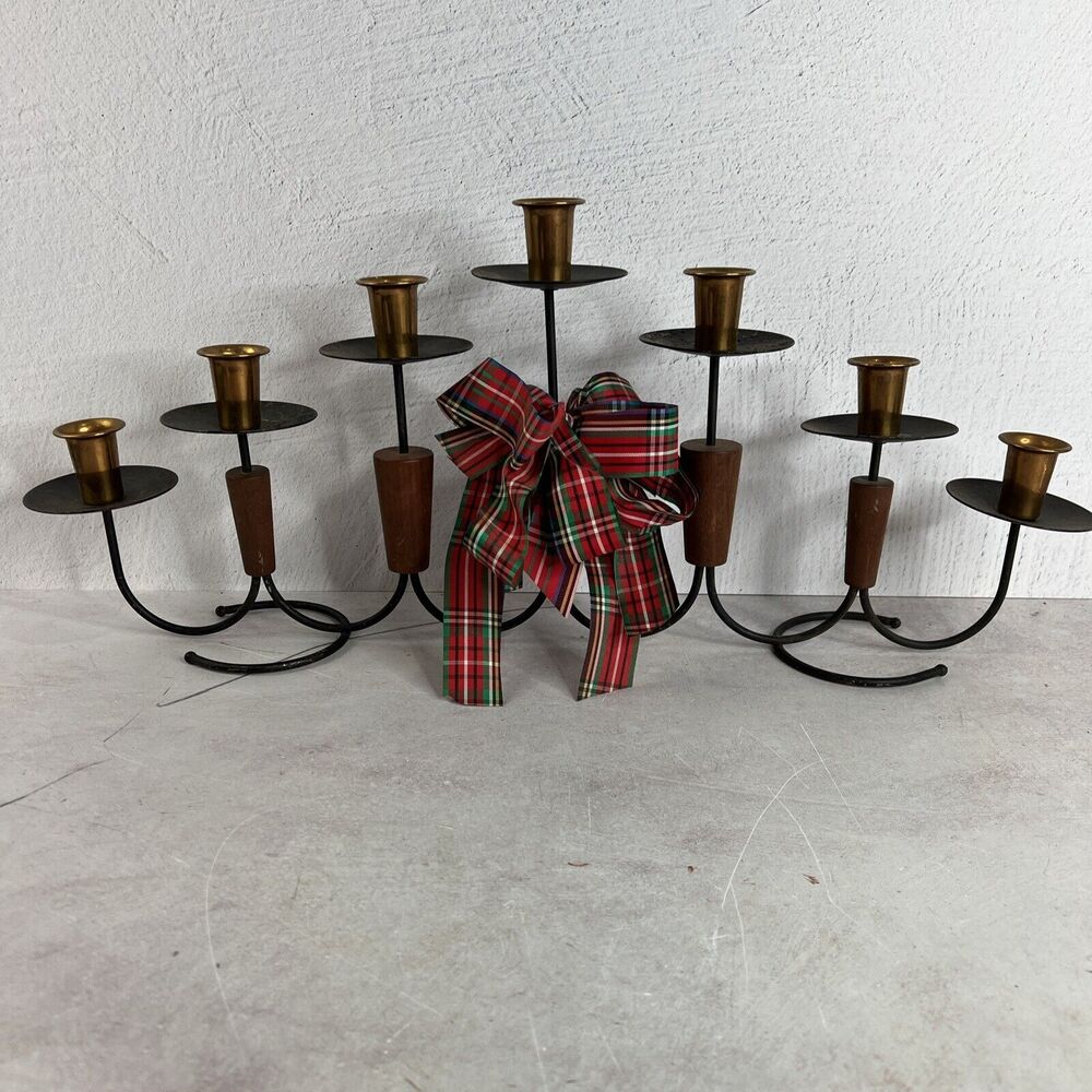 Vintage 70s MCM Candelabra‎ Holds 7 Candle Sticks Holiday Bow